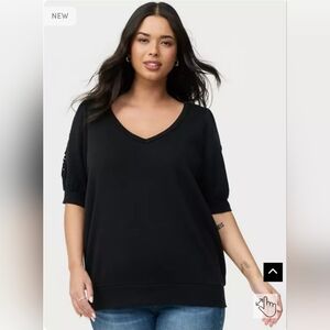 NWOT torrid Black V-Neck Short Sleeve Top with Lace Cutout Sleeves